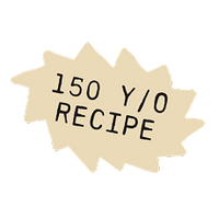 Beige label with '150 YIO Recipe' text on a white background