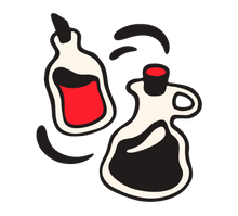 Two cartoon-style bottles, one with a red interior and the other with a black interior, on a white background.