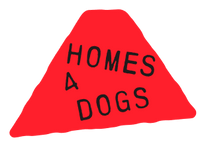 Red triangular sign with 'HOMES 4 DOGS' text on a white background