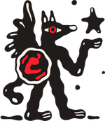 Black creature with red eyes and a red circle on a white background