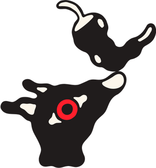 Black and white illustration of a creature with a red eye on a white background