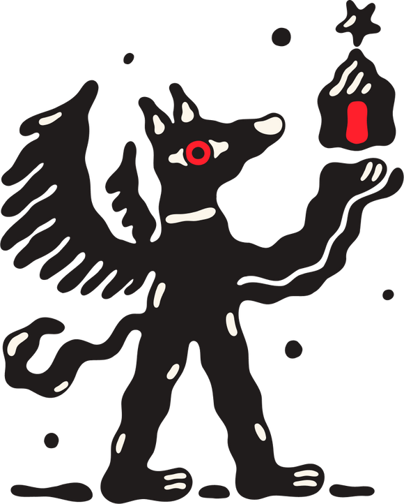 Black creature with red eye and star on white background