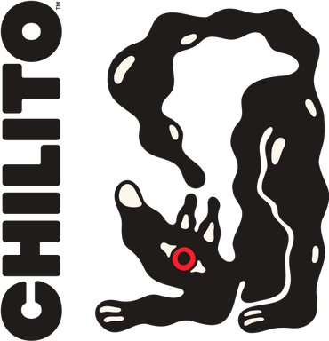 Black and white illustration of a creature with a red eye on a white background, featuring the brand 'Chilito'.
