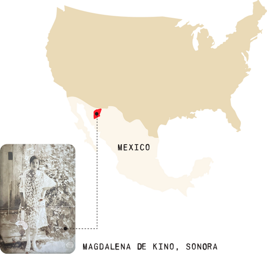 Map of Mexico with a red dot and an inset photo of a woman, labeled 'Magdalena de Kino, Sonora'.