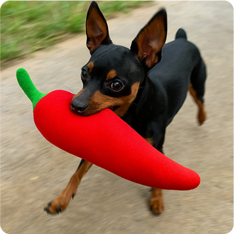 Dog holding a red chili pepper-shaped toy in its mouth on a blurred outdoor background