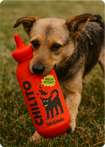 Dog holding a red bottle labeled 'Chilto' in a grassy area