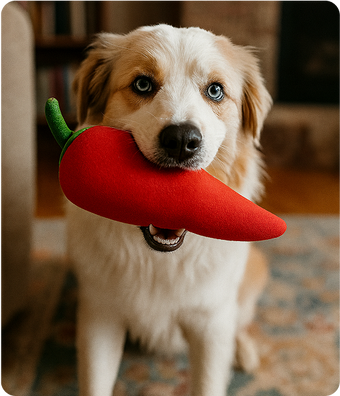 Dog holding a red chili pepper-shaped toy in its mouth