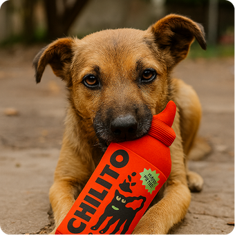 Dog holding a red 'CHILITO' product in its mouth outdoors.