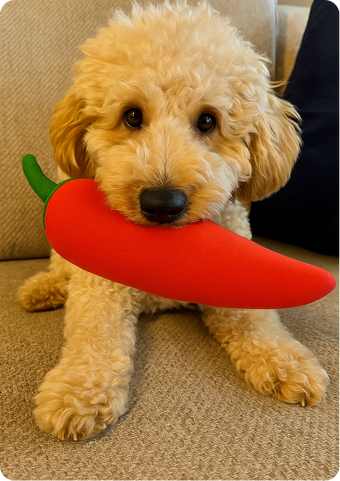 Dog holding a red chili pepper-shaped toy on a beige couch