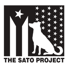 Logo of The Sato Project with a silhouette of a dog and stars on a black background.