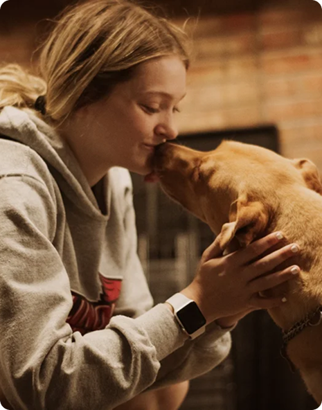 Woman petting a dog in a warm indoor setting