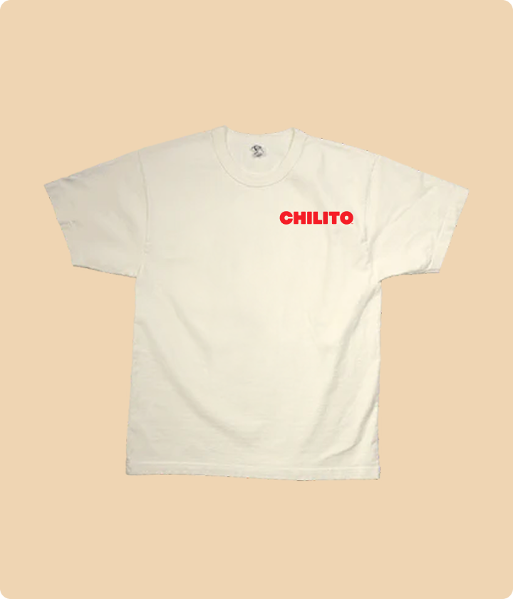 Beige t-shirt with 'CHILITO' logo on a beige background