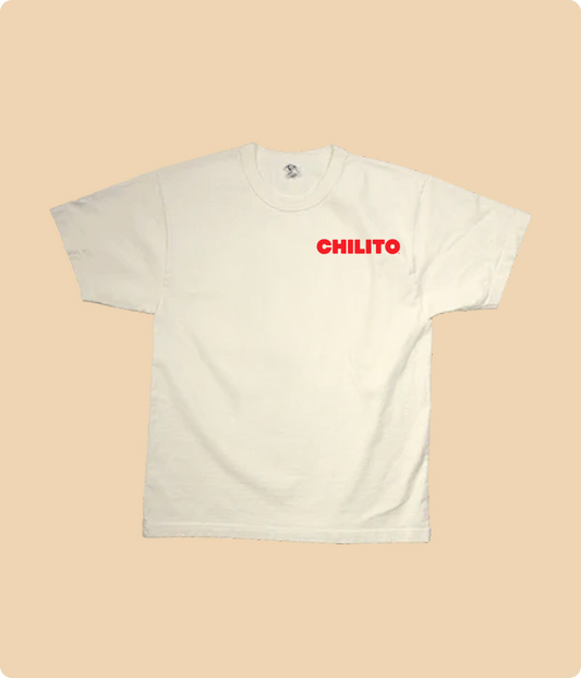 Beige t-shirt with 'CHILITO' logo on a beige background